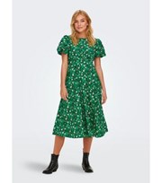 ONLY Green Floral Crepe Short Puff Sleeve Tie Back Midi Dress